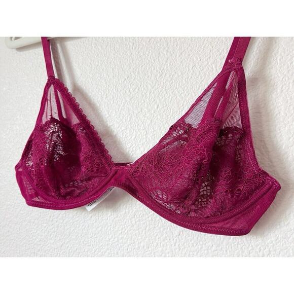 Intimately Free People Bra 36C Floral Lace Triangle Underwire Mesh Sheer Red - Picture 6 of 10